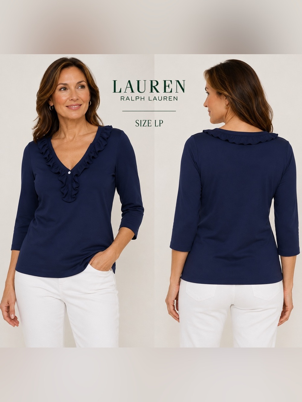 Lauren Ralph Lauren Navy Blue Ruffle V-Neck Top Women's 3/4 Sleeve/size LP